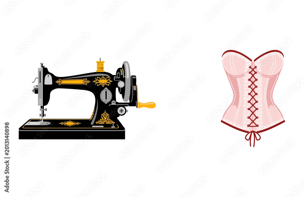 Naklejka premium Elegant vector collection featuring a traditional sewing machine and a stylish corsetry garment for crafting and fashion design