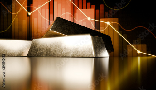 Rising gold prices. Falling gold prices, inflation. Charts showing price fluctuations and gold bars, arrows indicating changes in the gold price.