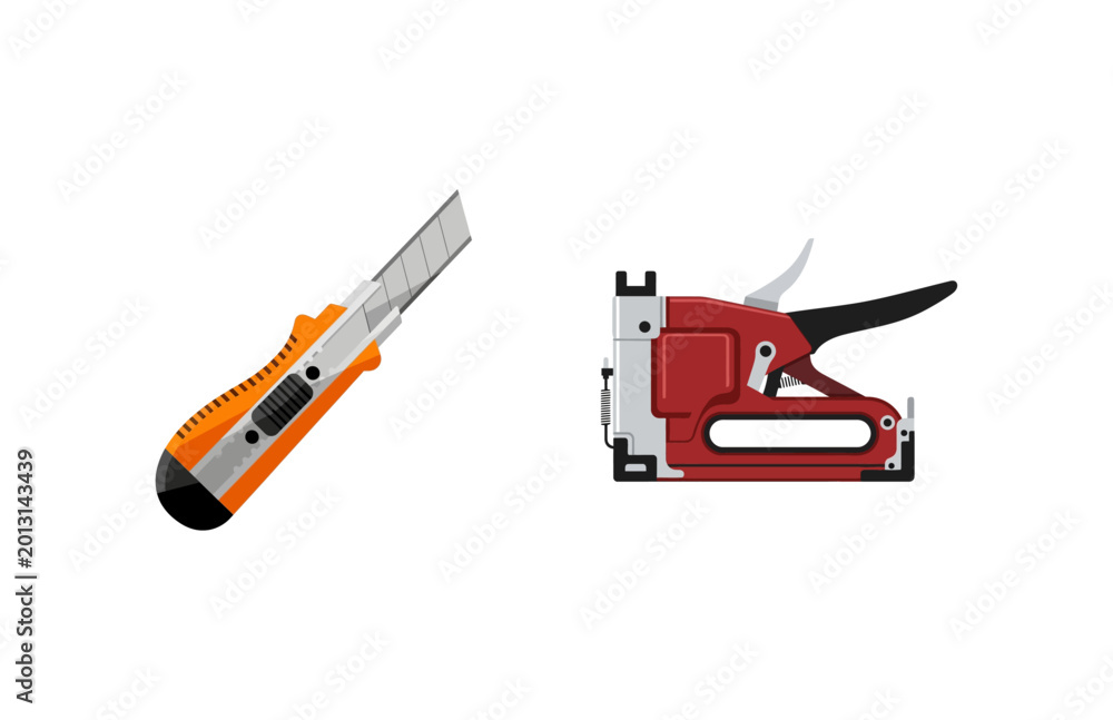 Naklejka premium Vector illustration of a box cutter and a red stapler on a white background