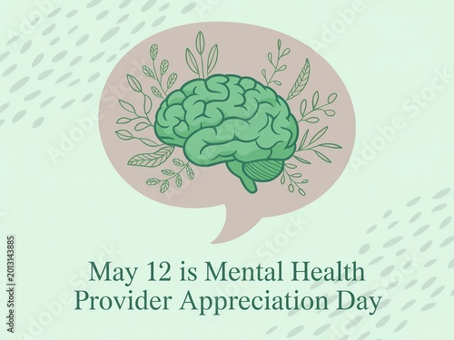 Mental health provider appreciation day greeting card with green brain illustration and foliage in a speech bubble