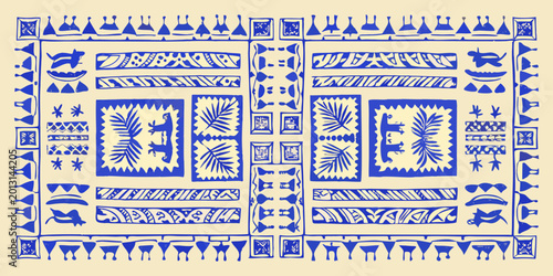 Φωτογραφία blue and white folk art pattern with animal motifs repeating grid