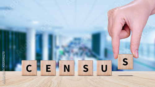 Census words from wooden blocks with letters. official count or survey of population, census concept, international markets, currency exchange, financial trends, economic analysis, not ai