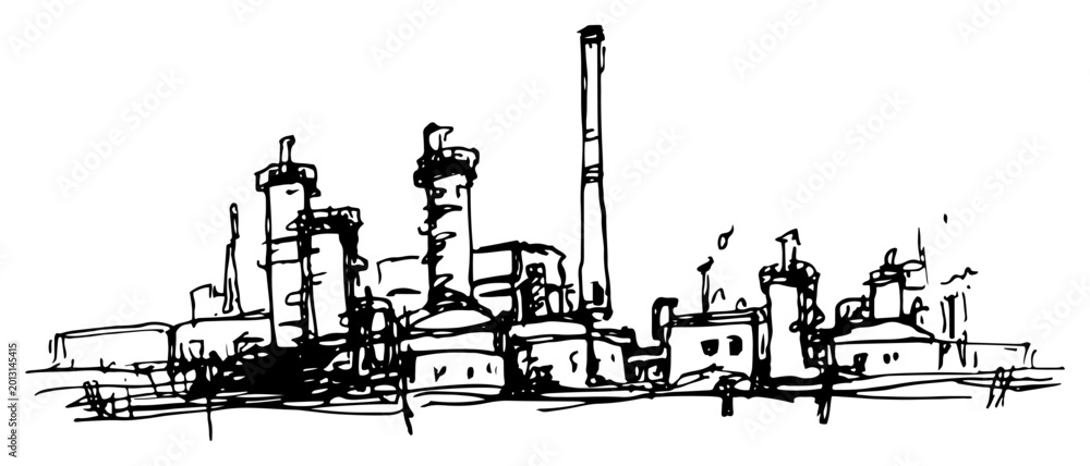 Obraz premium Industrial refinery plant with tall chimneys and processing units in hand drawn sketch style