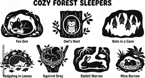Foto Cozy Forest Sleepers Icon Set Featuring Fox, Owl, Rabbit, Hedgehog, and Other Wo