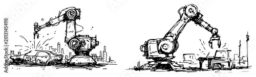 Quadro su tela Industrial robotic arms on automated assembly line ink sketch style