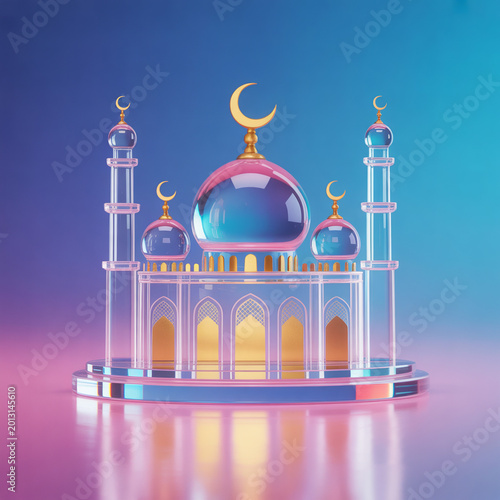 Modern 3d glass mosque illustration with golden crescents for ramadan