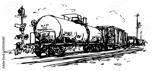 Fotografie Railway tanker wagon transporting liquid cargo on tracks in expressive hand draw