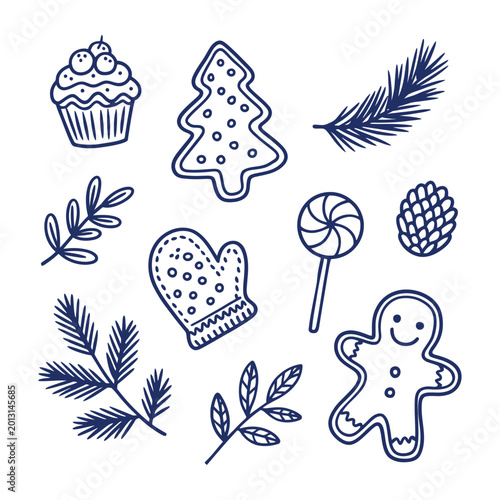 Photos winter holiday line drawings of treats and foliage on white