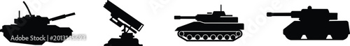 Fotografie Military armored vehicle tank silhouette set collection and group in black flat