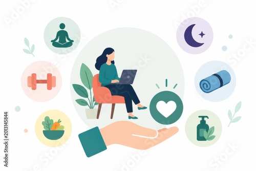 Wellness lifestyle illustration with woman working on laptop and health care icons for modern self care marketing and editorial design