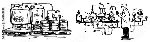 Tableau sur toile Industrial brewing equipment with fermentation tanks and operator monitoring pro