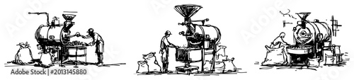 Industrial coffee bean roasting machines with workers in rough doodle sketch style