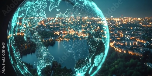 Glowing digital earth overlayed on city lights at night and tranquil lake.