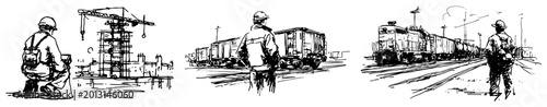 Fotografie Industrial workers observing construction crane and freight train wagons in sket