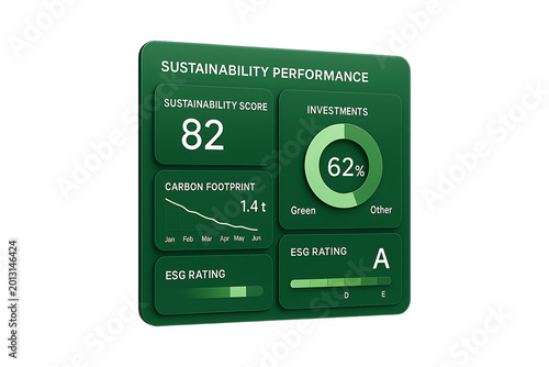 Green Fintech Dashboard Interface Showing Sustainability Performance Data Isolated on a Transparent Background