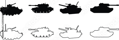Photos Military armored vehicle tank silhouette set collection and group in black flat