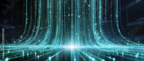 Futuristic digital data stream with glowing matrix code and light flow