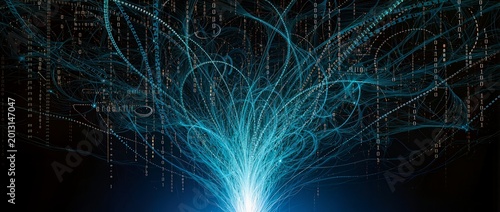 Abstract futuristic blue light and digital data stream flow on black background