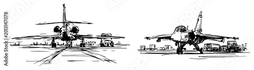 Canvastavla Military fighter jets parked on runway tarmac in hand drawn rough sketch style