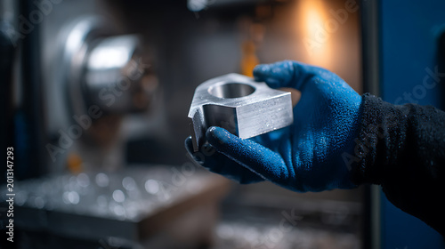 Skilled worker hand in protective glove hold finished metal part, precision manufacturing, industrial production, quality control concept