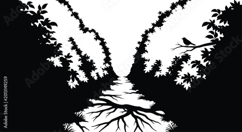 Serene Forest Path Silhouette with Bird on Branch and Water Reflection Graphic