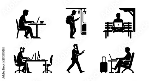 Photos Remote Work Icons, Digital Nomad Silhouettes, Freelancer Lifestyle Graphics, Bus