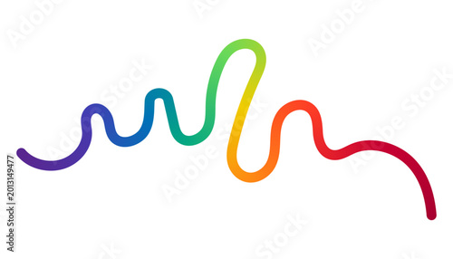 A colorful wavy line with a gradient of purple, blue, green, yellow, orange, and red hues on a white background