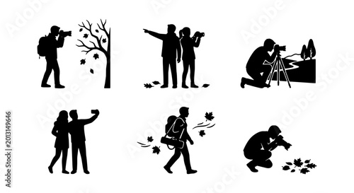 Cuadro en lienzo Photography Icons Set, Outdoor Camera Silhouettes, Nature Shooters, Travel Photo