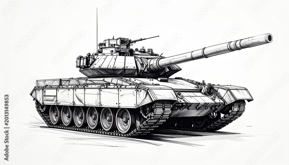 Naklejka premium Artistic sketch of a military tank viewed from the front left side drawing illustration