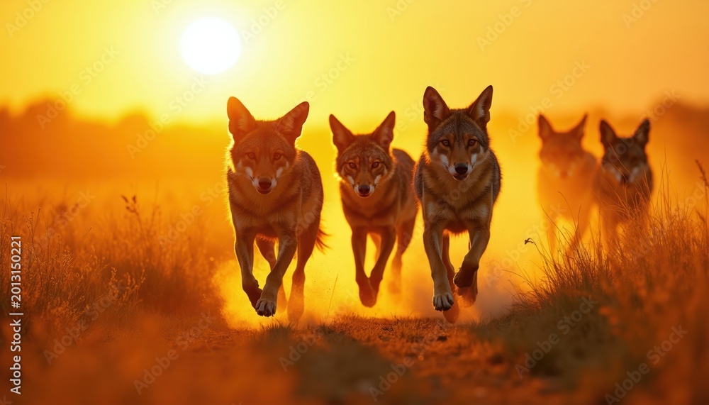 Obraz premium Group of coyotes run across golden field at sunset. Animals have wild energy and speed in nature. Dusk light creates silhouette effect on fur. They move together in pack.