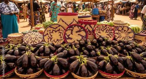 Vibrant African Market Display Fresh Eggplant and Woven Baskets