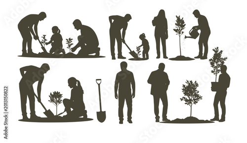 Silhouette of people planting trees various poses set collection. Family gardening and planting trees outdoor different poses silhouette set.

