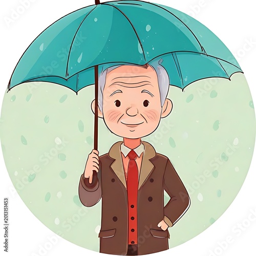 Older person holds umbrella in gentle rain