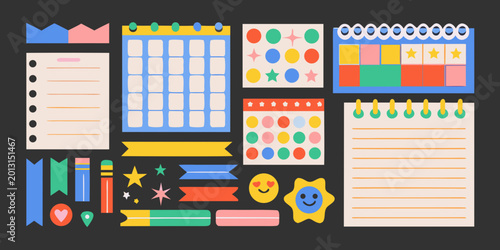 playful stationery set with colorful planner elements and decorative stickers