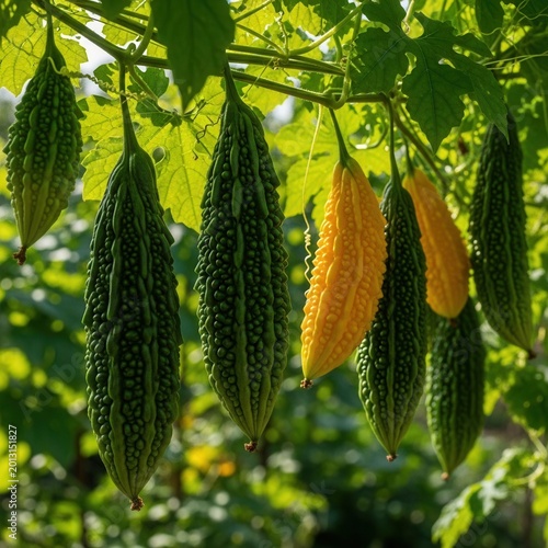 Vibrant Bitter Melon Fruits Growing Lushly On A Sunny Outdoor Vine