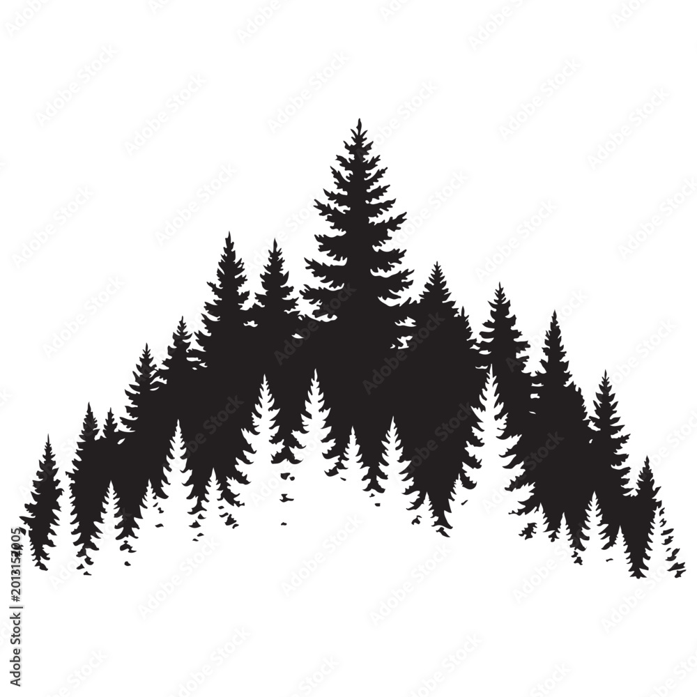 Obraz premium Coniferous forest silhouette vector with pine and fir trees. Ideal for outdoor branding, camping logos, and nature-themed graphic design projects