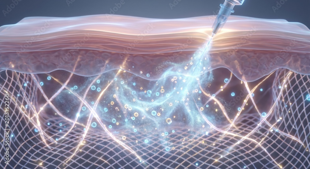 Fototapeta premium Hyaluronic acid injection spreading through skin dermis layer