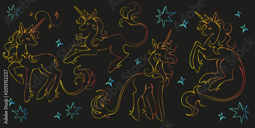 Fotografija A dramatic vector set featuring unicorn outlines with a glowing warm gradient shifting from golden yellow to deep orange