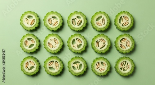 Vibrant Bitter Melon Slices Artfully Arranged Minimalist Design