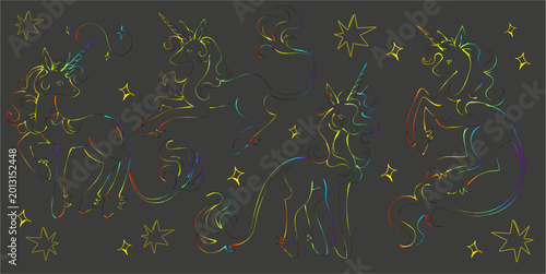 Photography A striking collection of elegant unicorn outlines rendered in vibrant rainbow colors against a deep black backdrop