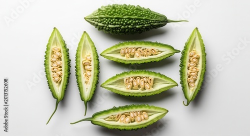 Vibrant Bitter Melon Slices Showcasing Intricate Seed Patterns