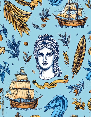 Old-world imagery of ships, statues, and nature