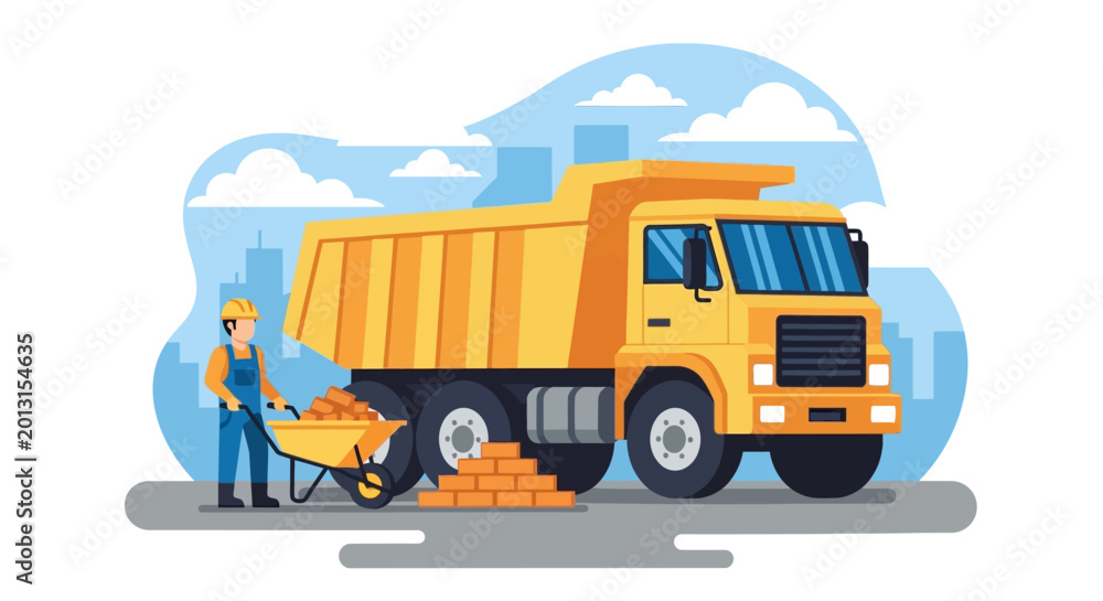 Naklejka premium Man standing beside a yellow dump truck.
