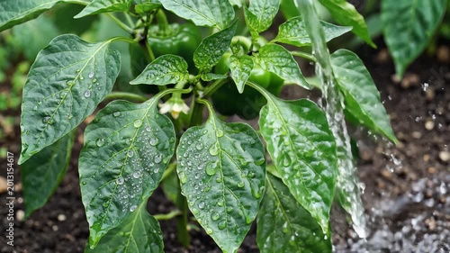 Closeup of water droplets falling on green pepper plant leaves in garden.