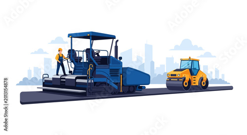 Road roller and worker on site.