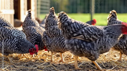Flock of Barred Plymouth Rock Chickens Grazing in a Farmyard.