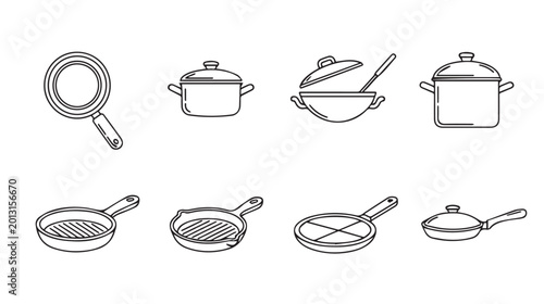 Assorted kitchen cookware line drawings with pans and pots on white background simple flat design