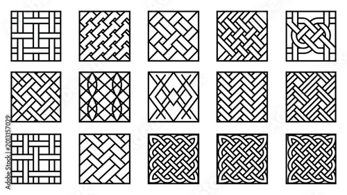 Fotografi Square tile set vector illustration grid weave knot mesh motif decor design stud