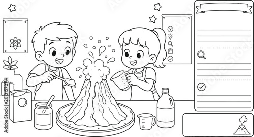 Kids Making Volcano Science Experiment Coloring Page Vector Illustration