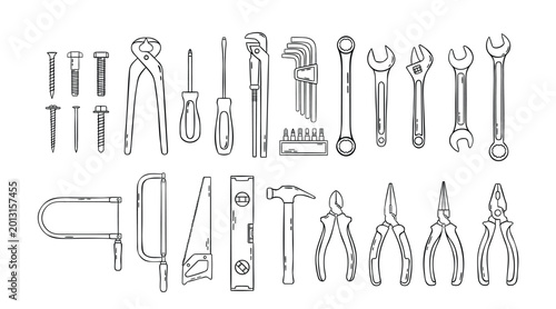big vector set of tools, pliers, screwdriver, hammer, screws, self-tapping screws, hacksaw, simple vector black and white icon, doodle and sketch style